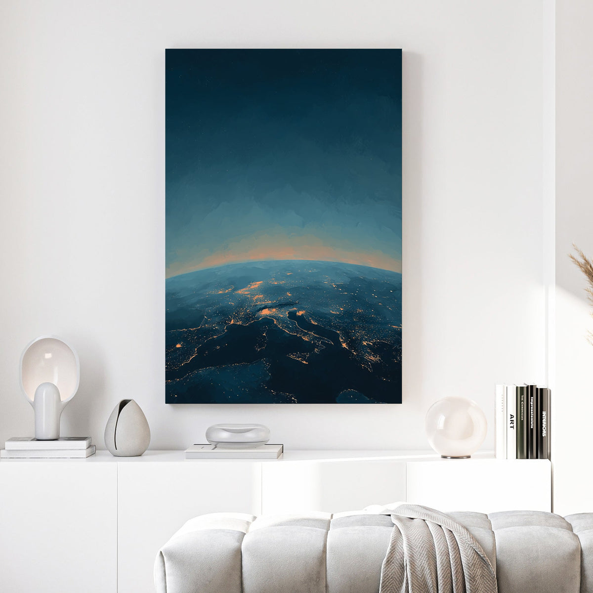 Earth at night illustration with glowing city lights and atmosphere, cosmic wall art print