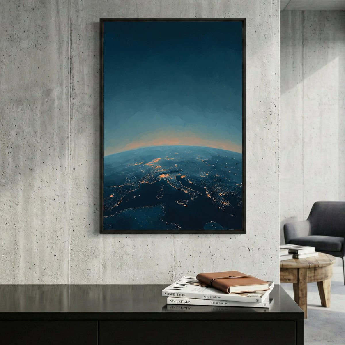 Earth at night illustration with glowing city lights and atmosphere, cosmic wall art print