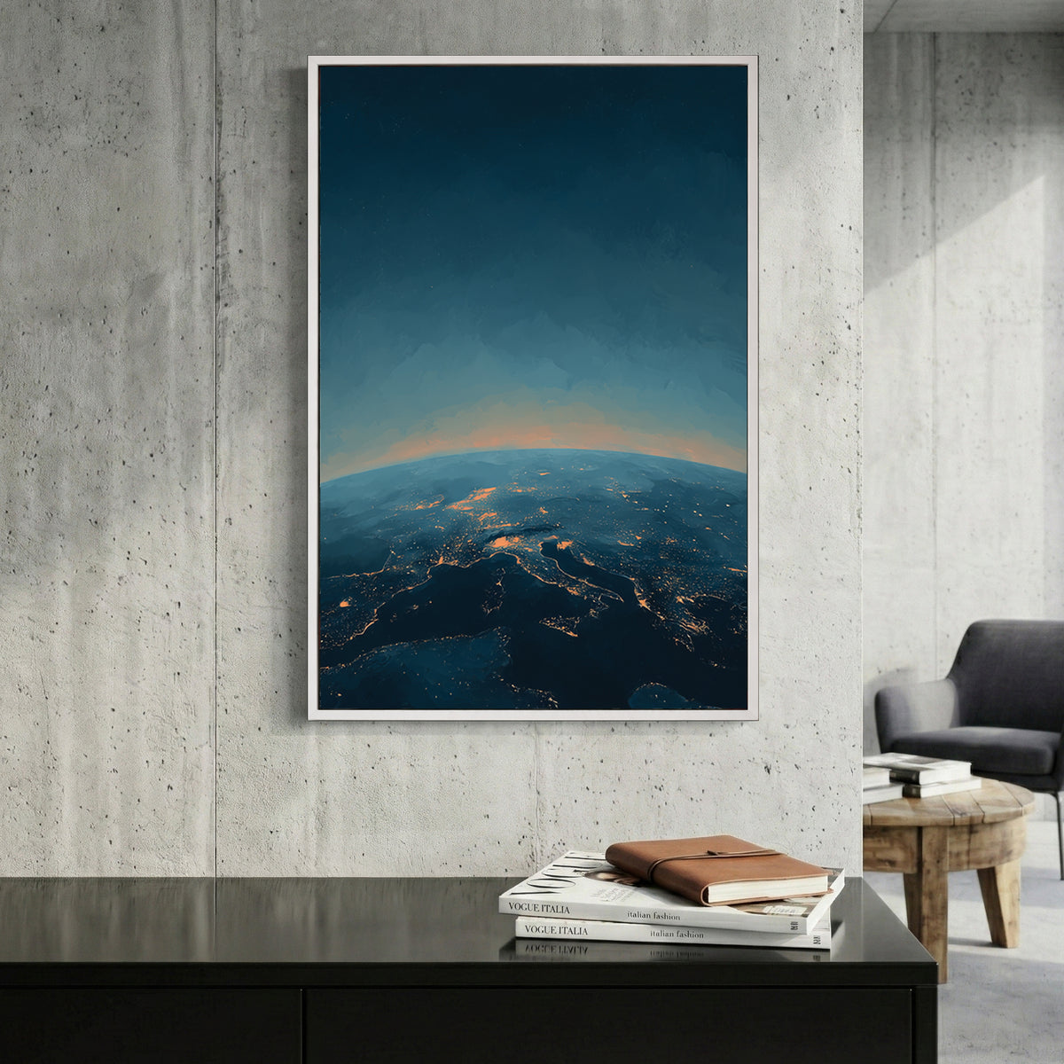 Earth at night illustration with glowing city lights and atmosphere, cosmic wall art print