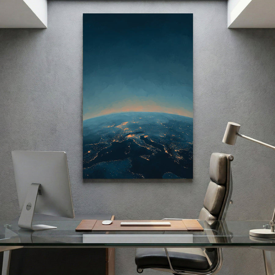 Earth at night illustration with glowing city lights and atmosphere, cosmic wall art print