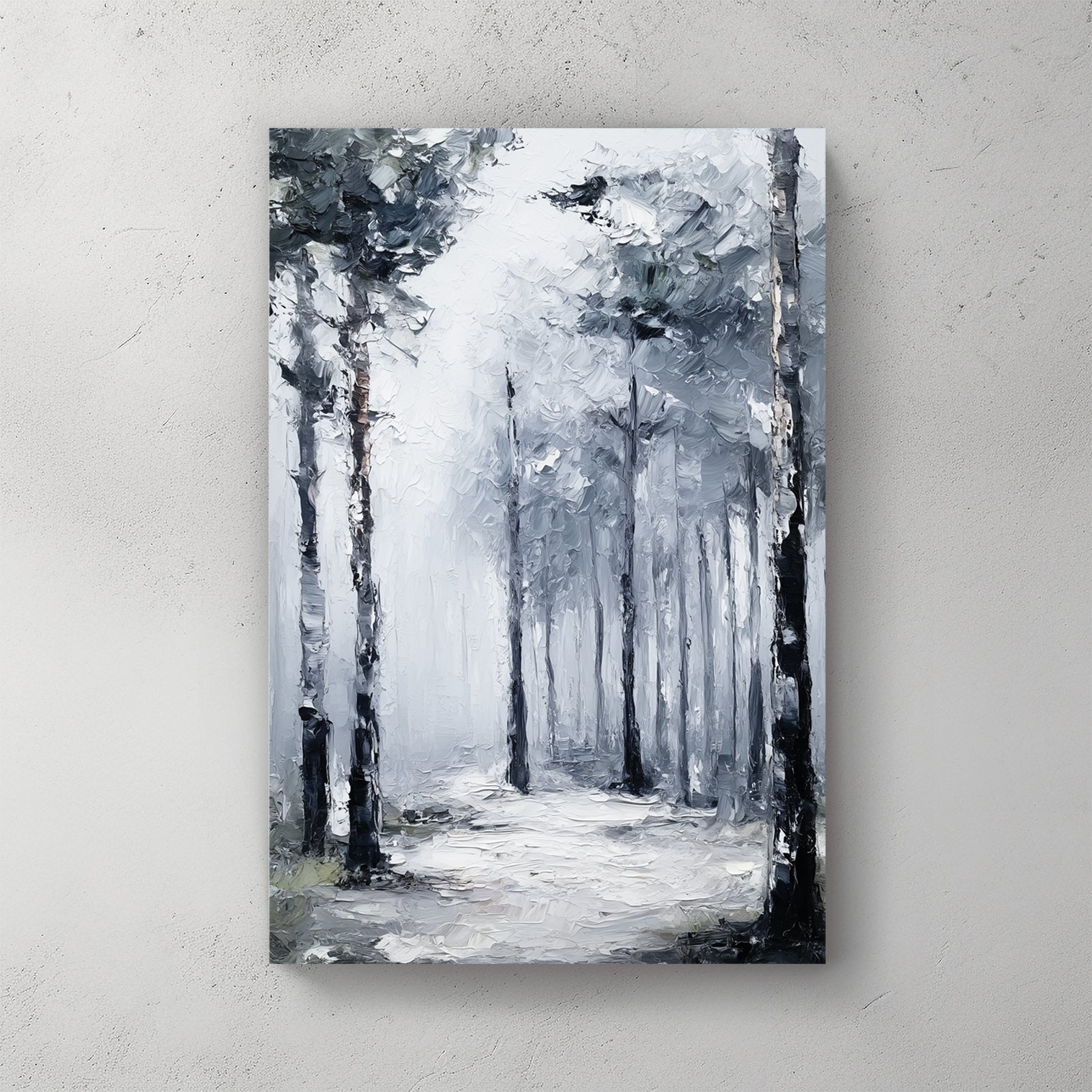 Misty forest path with tall trees in grey and black tones, contemporary minimalist wall art