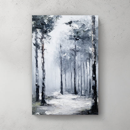 Misty forest path with tall trees in grey and black tones, contemporary minimalist wall art