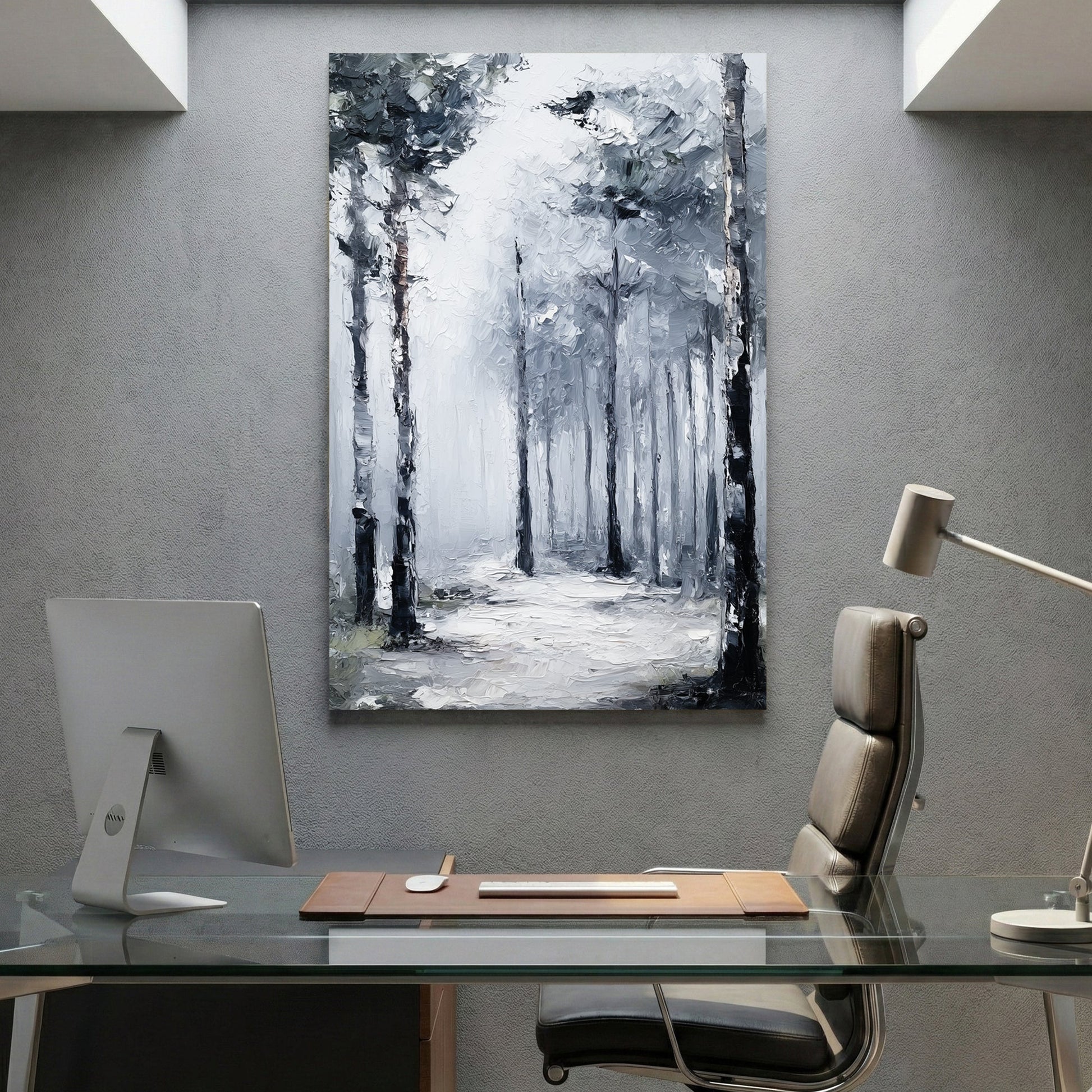 Misty forest path with tall trees in grey and black tones, contemporary minimalist wall art