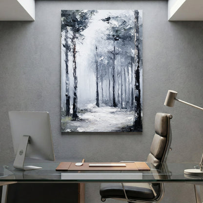 Misty forest path with tall trees in grey and black tones, contemporary minimalist wall art