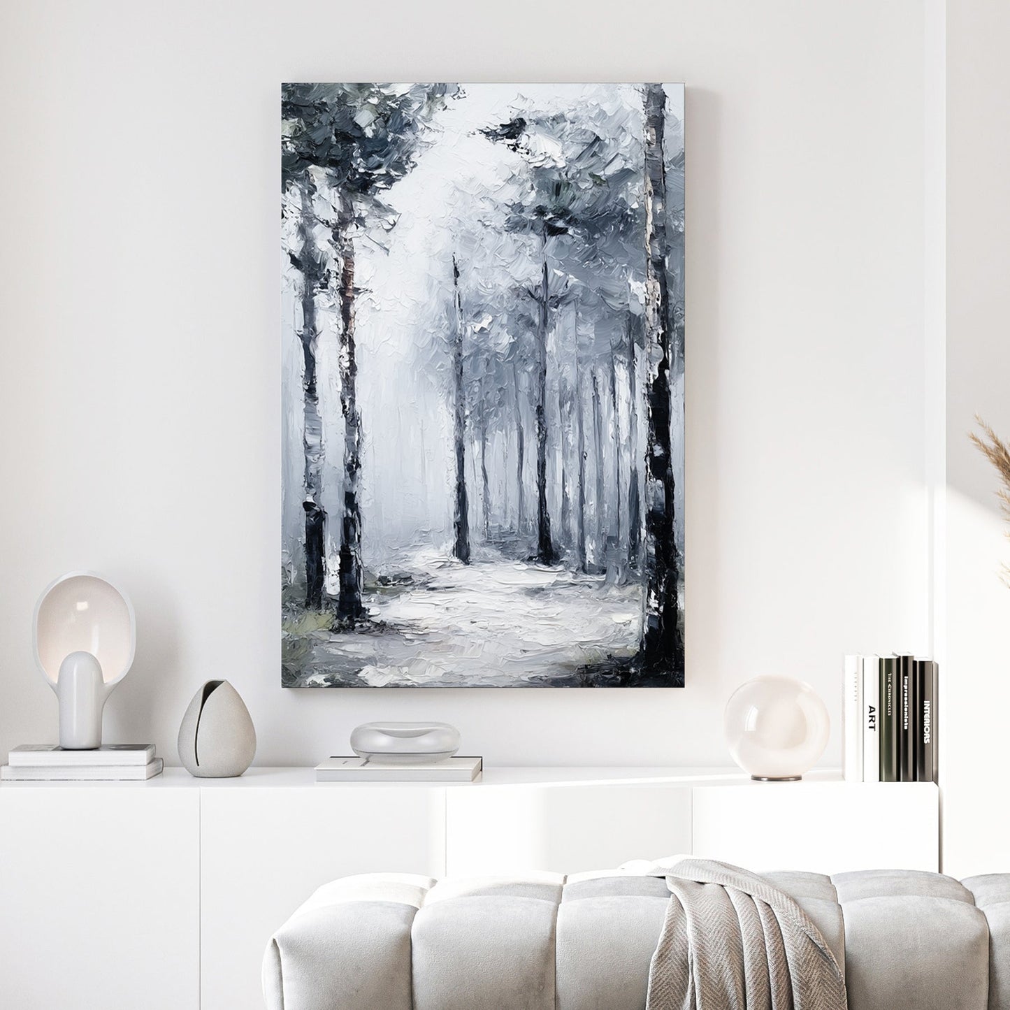 Misty forest path with tall trees in grey and black tones, contemporary minimalist wall art