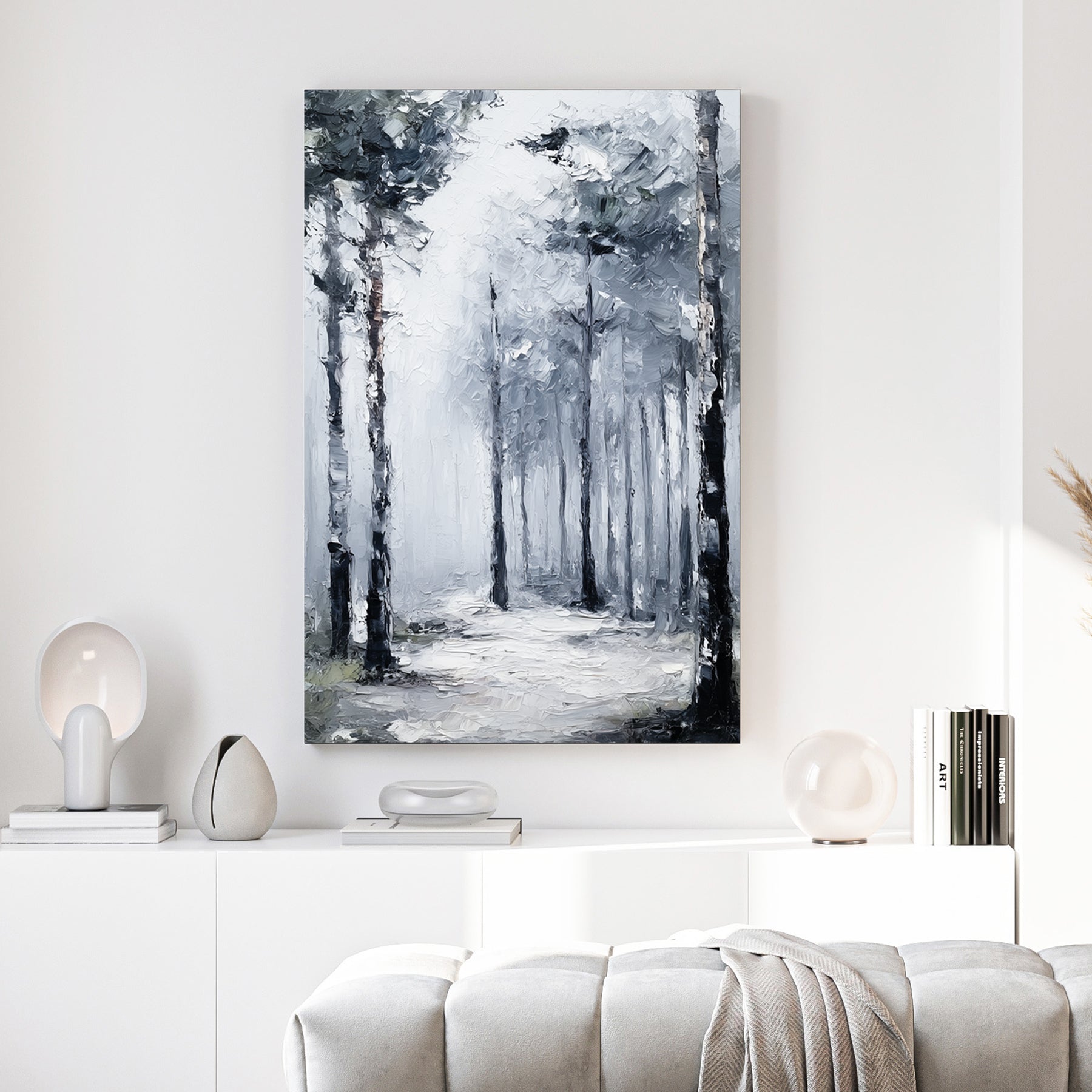 Misty forest path with tall trees in grey and black tones, contemporary minimalist wall art