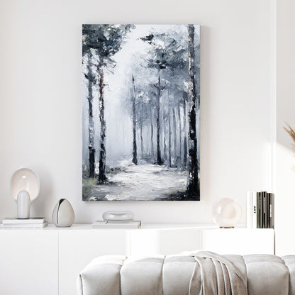 Misty forest path with tall trees in grey and black tones, contemporary minimalist wall art