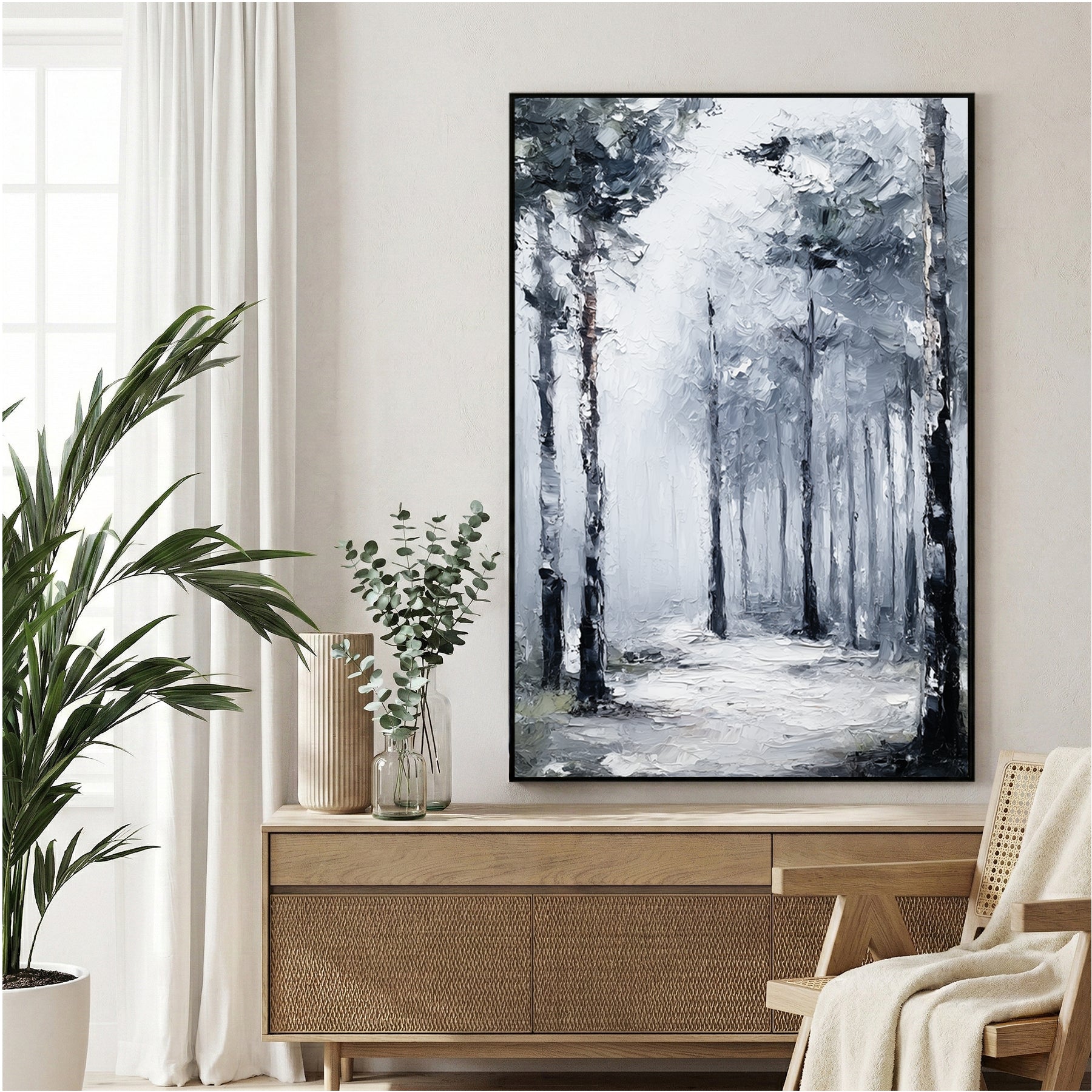 Misty forest path with tall trees in grey and black tones, contemporary minimalist wall art