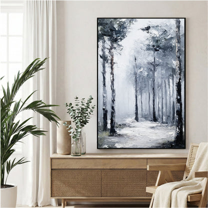 Misty forest path with tall trees in grey and black tones, contemporary minimalist wall art