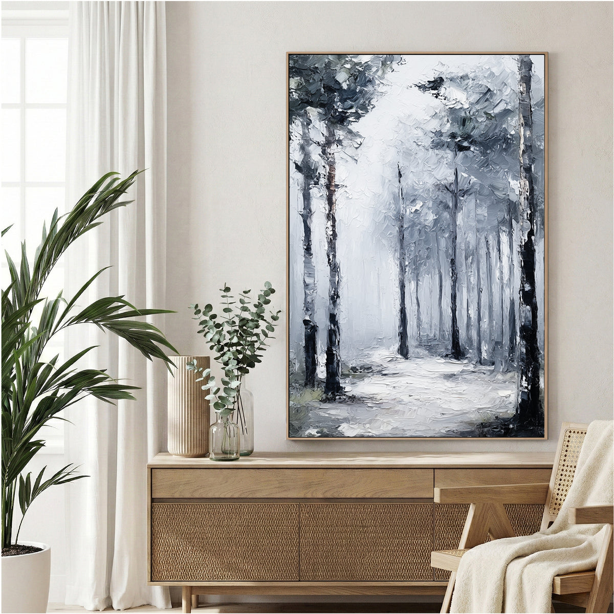 Misty forest path with tall trees in grey and black tones, contemporary minimalist wall art