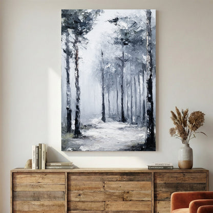 Misty forest path with tall trees in grey and black tones, contemporary minimalist wall art