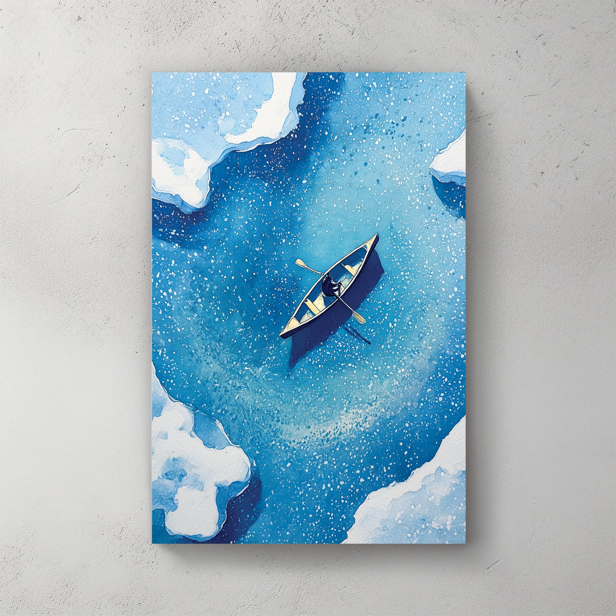 Sailboat on blue ocean with white ice floes watercolour wall art print
