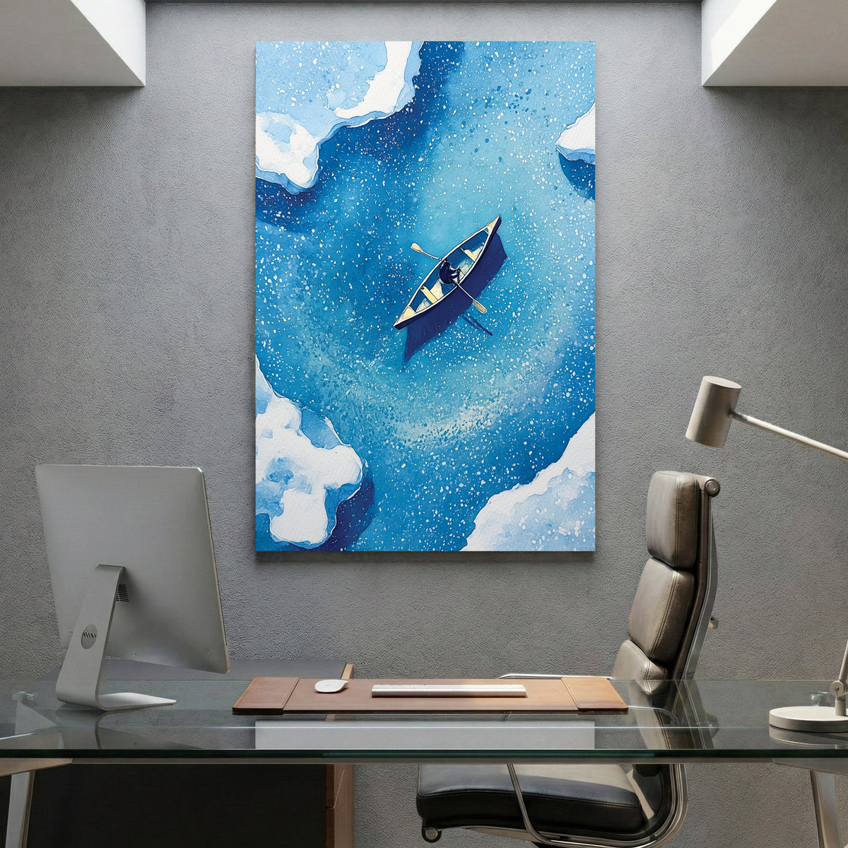 Sailboat on blue ocean with white ice floes watercolour wall art print