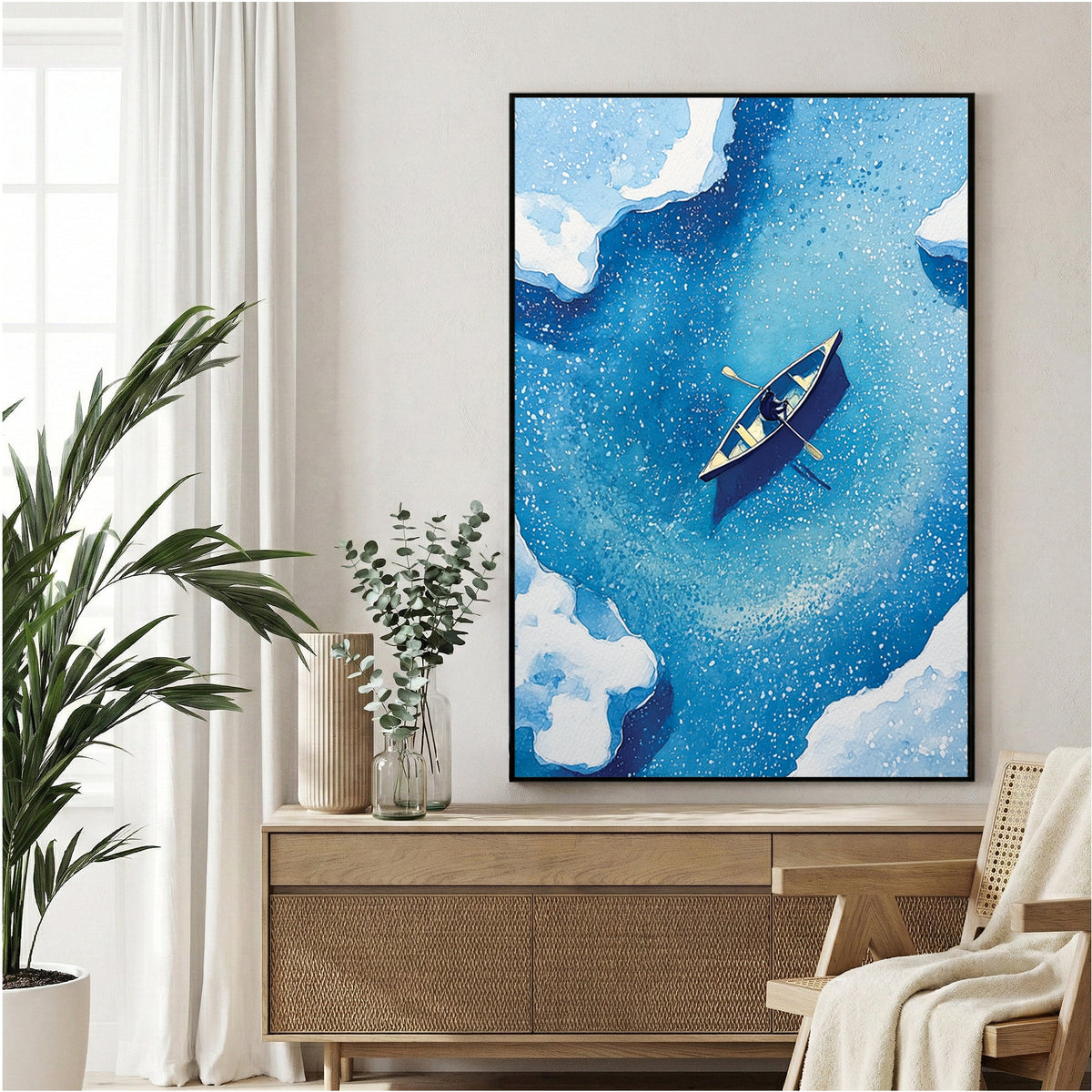 Sailboat on blue ocean with white ice floes watercolour wall art print