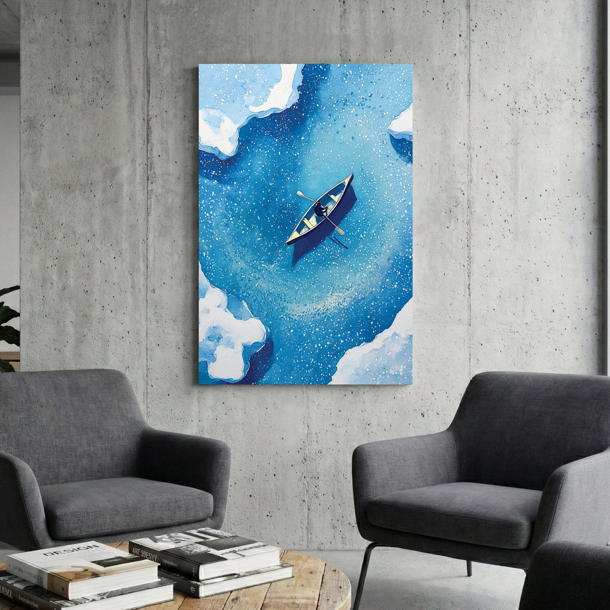 Sailboat on blue ocean with white ice floes watercolour wall art print