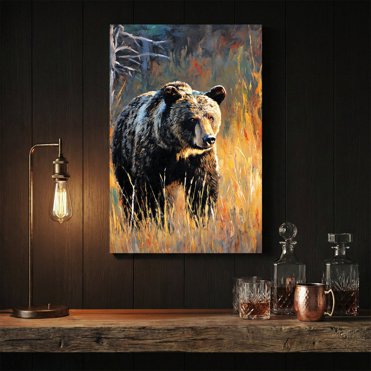 Black bear in autumn forest with golden and orange tones wildlife wall art print