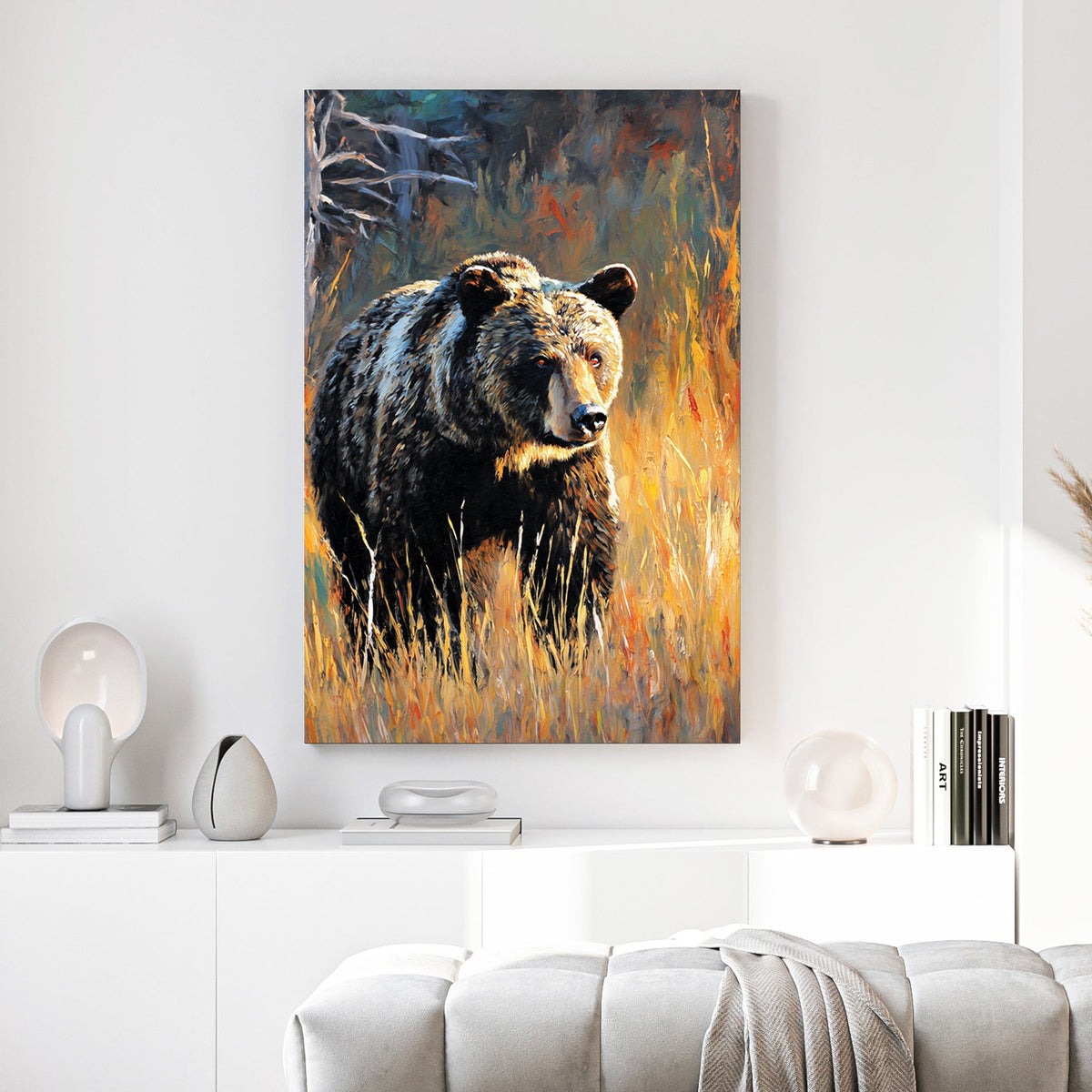 Black bear in autumn forest with golden and orange tones wildlife wall art print