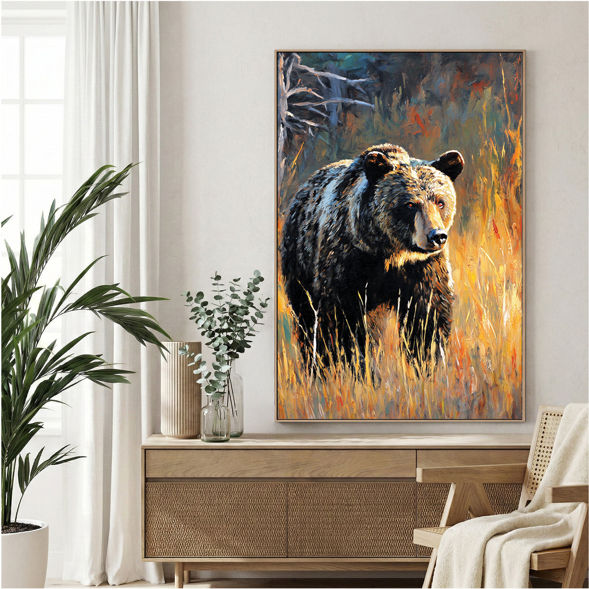 Black bear in autumn forest with golden and orange tones wildlife wall art print