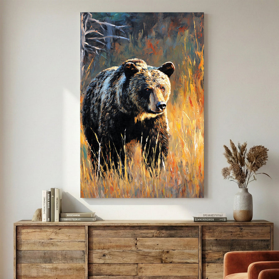 Black bear in autumn forest with golden and orange tones wildlife wall art print