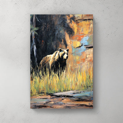 Brown bear in misty forest landscape with warm earth tones wildlife wall art