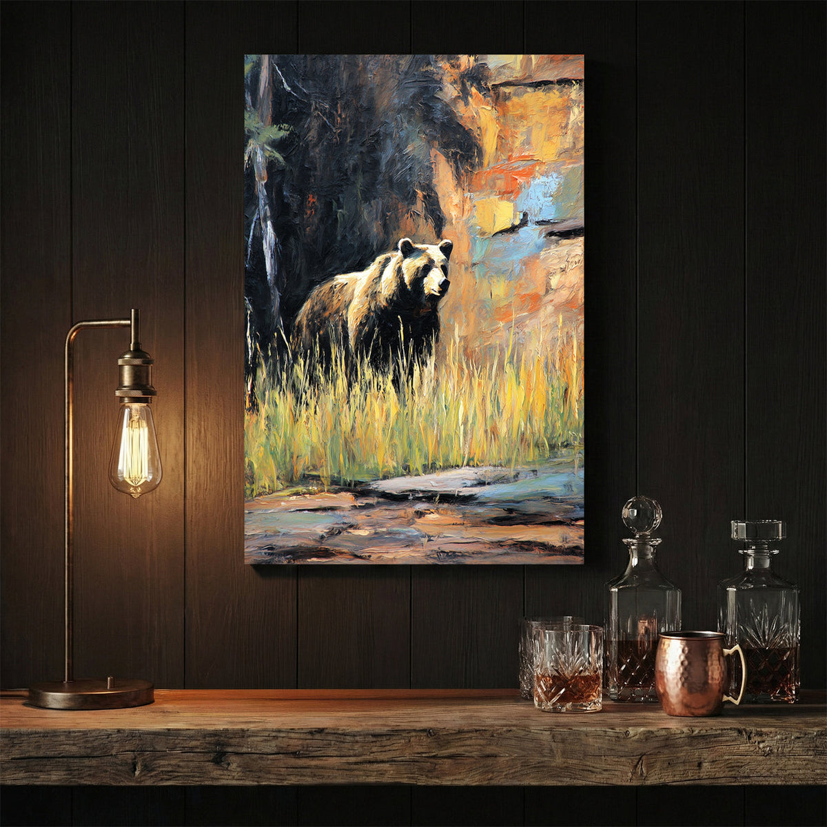 Brown bear in misty forest landscape with warm earth tones wildlife wall art