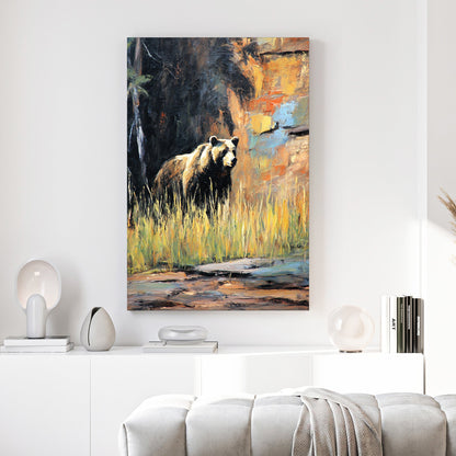 Brown bear in misty forest landscape with warm earth tones wildlife wall art