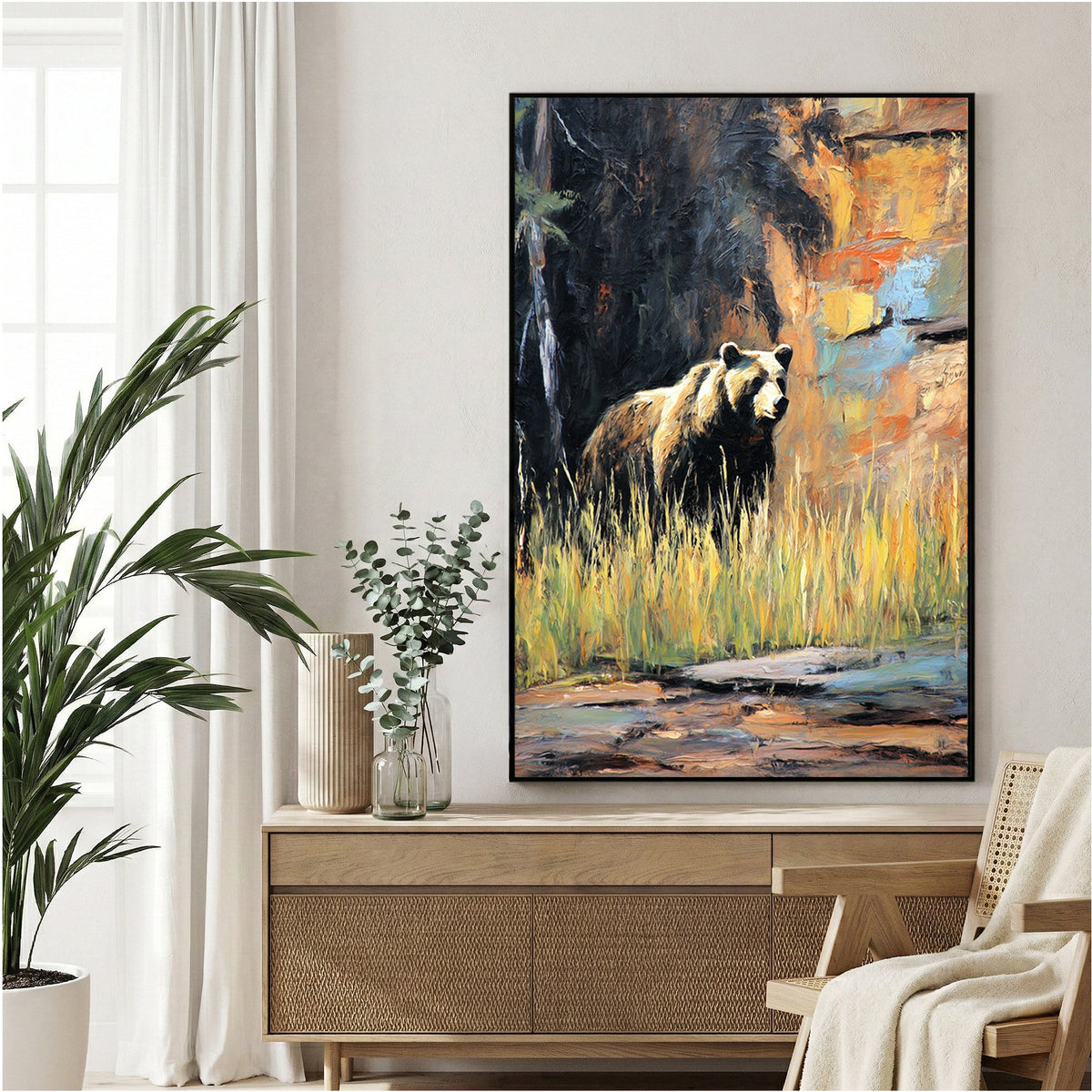 Brown bear in misty forest landscape with warm earth tones wildlife wall art