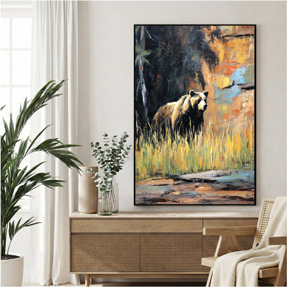 Brown bear in misty forest landscape with warm earth tones wildlife wall art