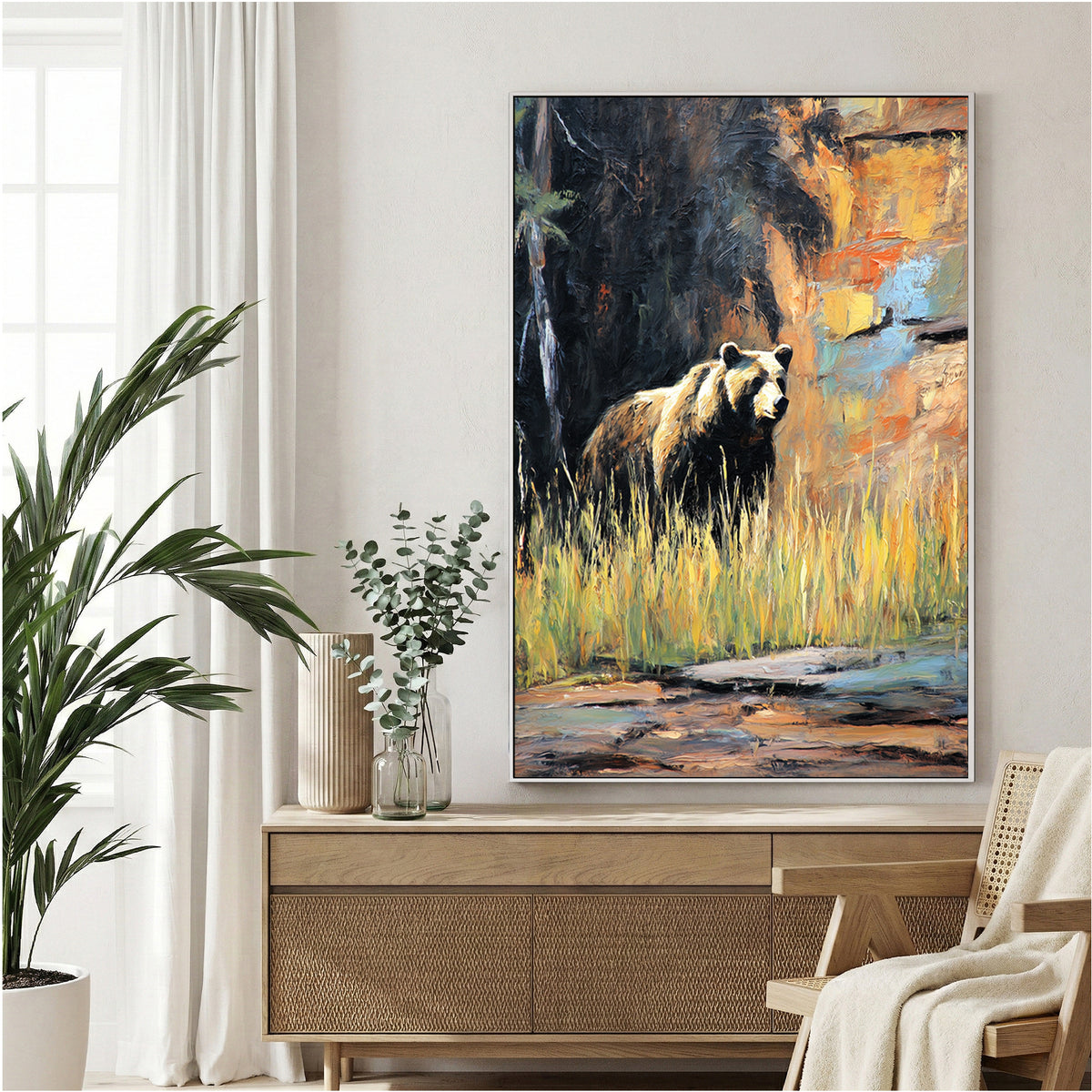 Brown bear in misty forest landscape with warm earth tones wildlife wall art