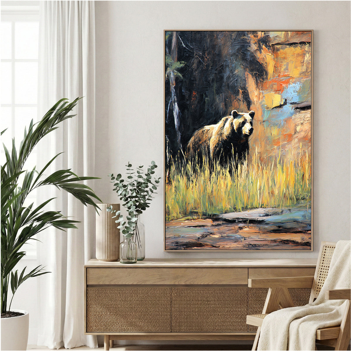 Brown bear in misty forest landscape with warm earth tones wildlife wall art