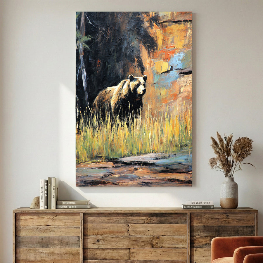 Brown bear in misty forest landscape with warm earth tones wildlife wall art