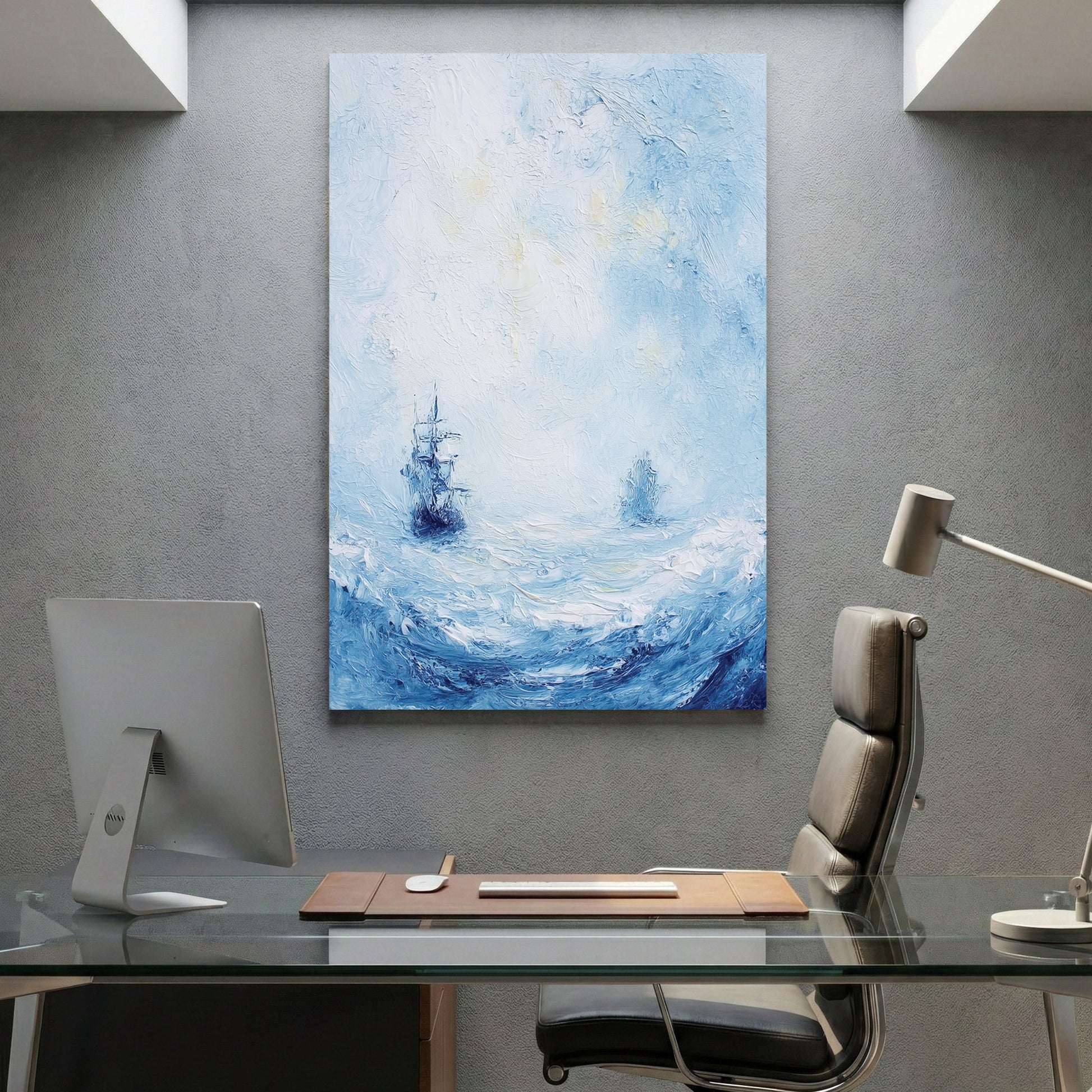 Sailboat on calm ocean watercolour painting soft blue and pink tones maritime wall art