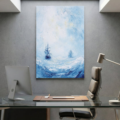 Sailboat on calm ocean watercolour painting soft blue and pink tones maritime wall art