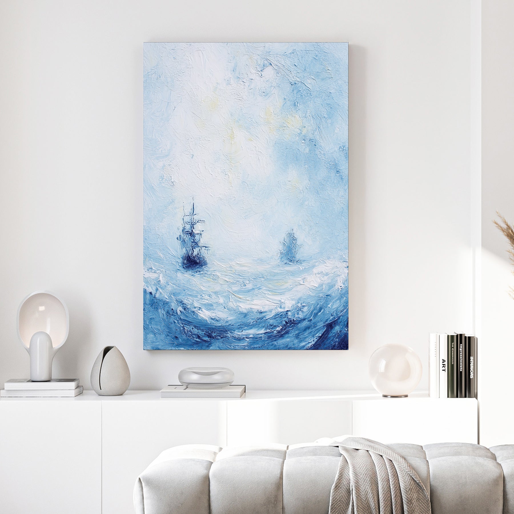 Sailboat on calm ocean watercolour painting soft blue and pink tones maritime wall art