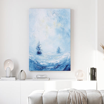 Sailboat on calm ocean watercolour painting soft blue and pink tones maritime wall art
