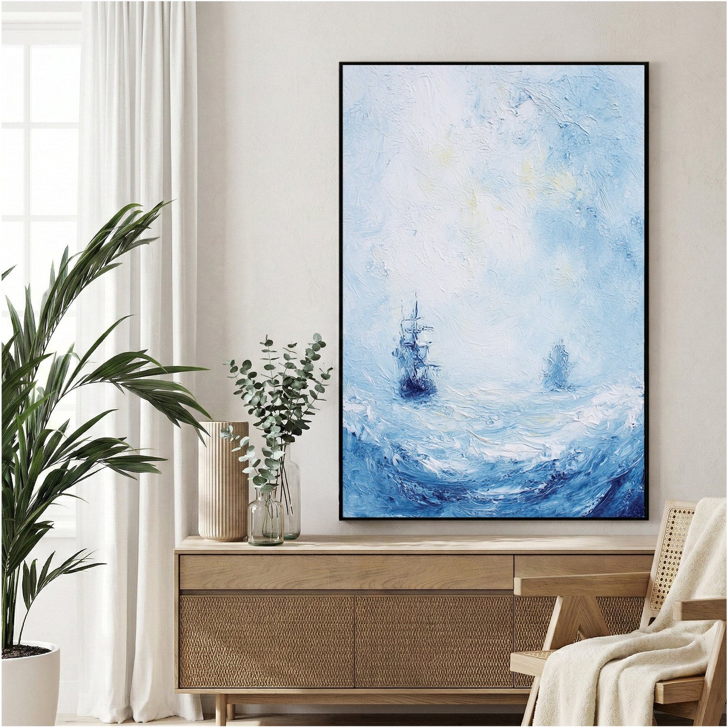 Sailboat on calm ocean watercolour painting soft blue and pink tones maritime wall art