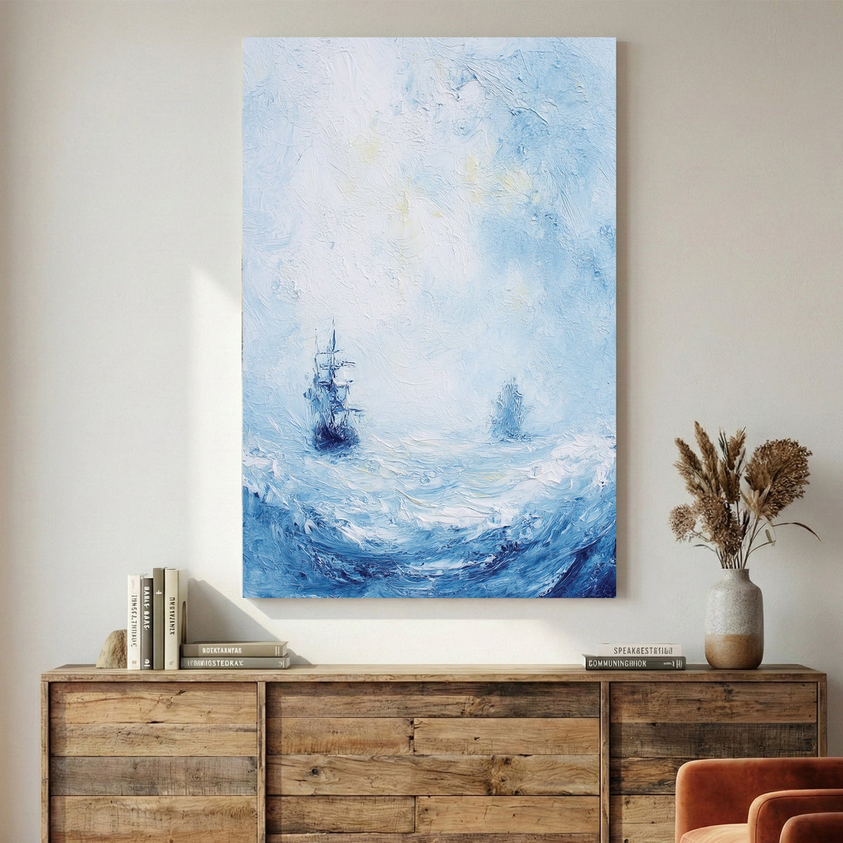 Sailboat on calm ocean watercolour painting soft blue and pink tones maritime wall art