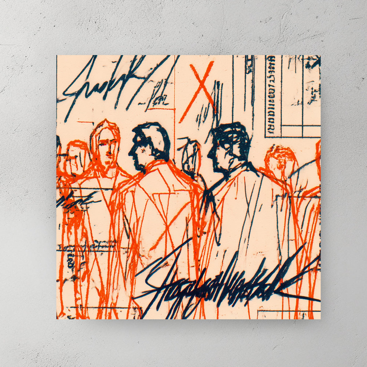 Urban figures sketch with red and blue ink lines and handwritten notes mixed media wall art