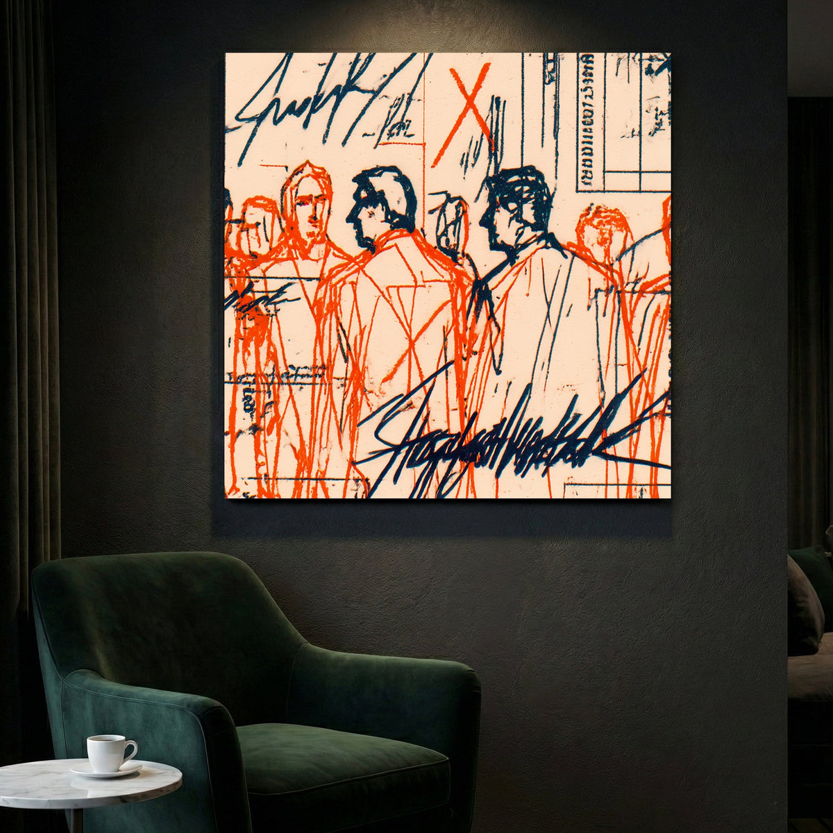 Urban figures sketch with red and blue ink lines and handwritten notes mixed media wall art