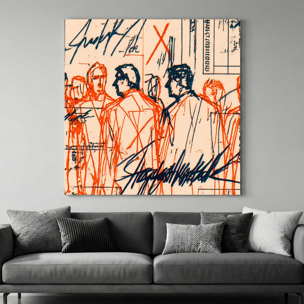 Urban figures sketch with red and blue ink lines and handwritten notes mixed media wall art