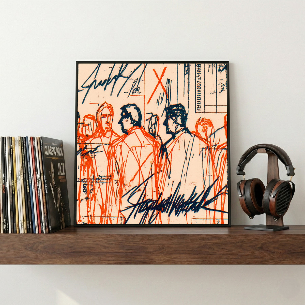 Urban figures sketch with red and blue ink lines and handwritten notes mixed media wall art