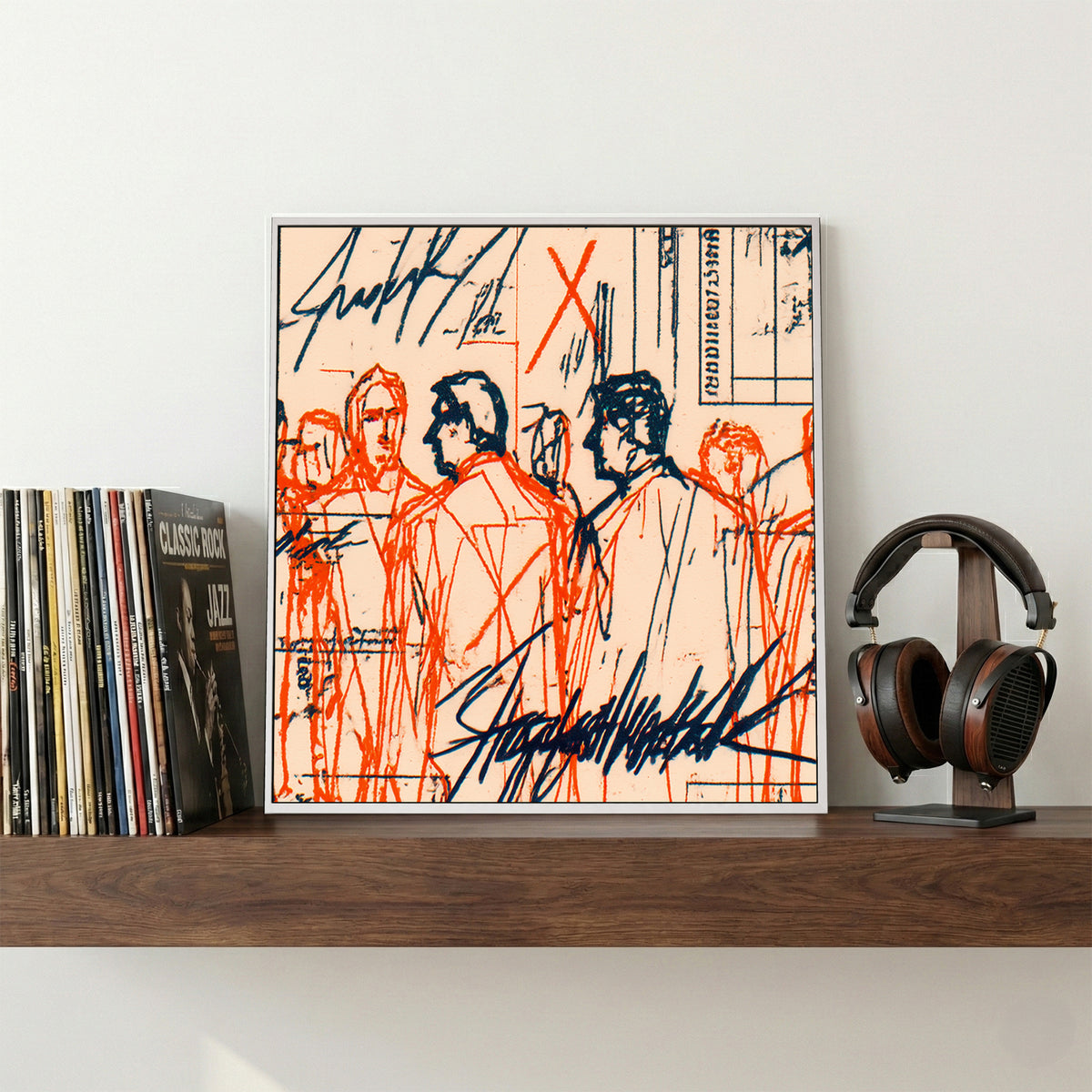 Urban figures sketch with red and blue ink lines and handwritten notes mixed media wall art