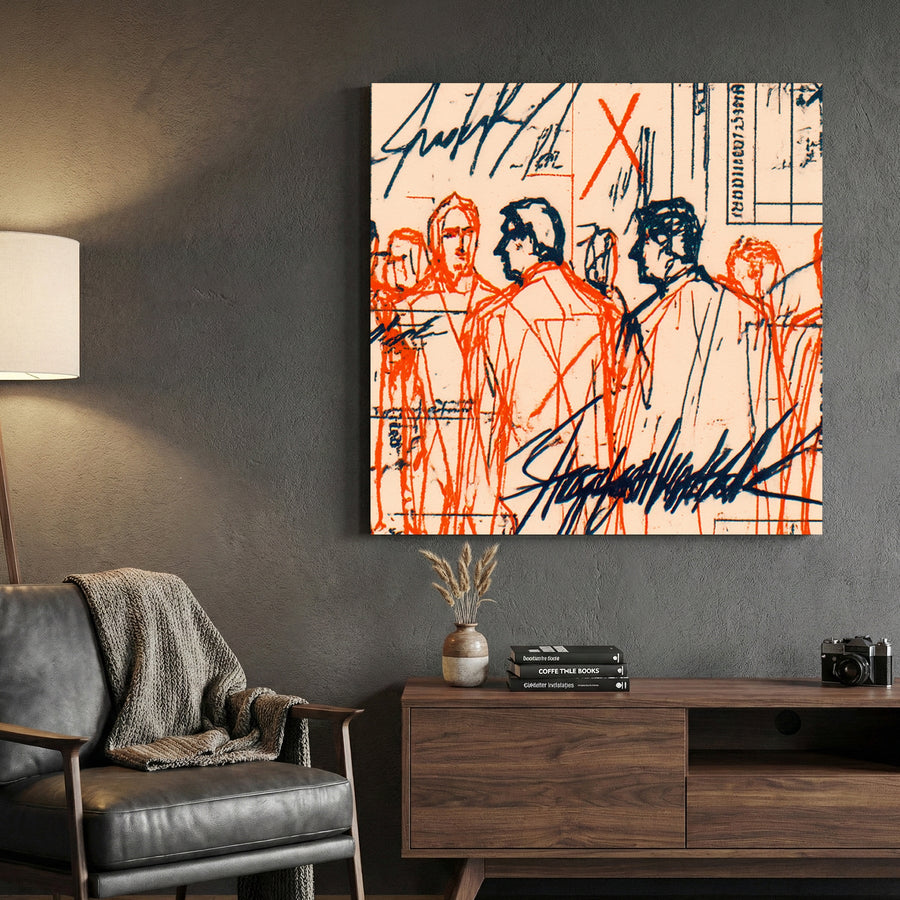 Urban figures sketch with red and blue ink lines and handwritten notes mixed media wall art