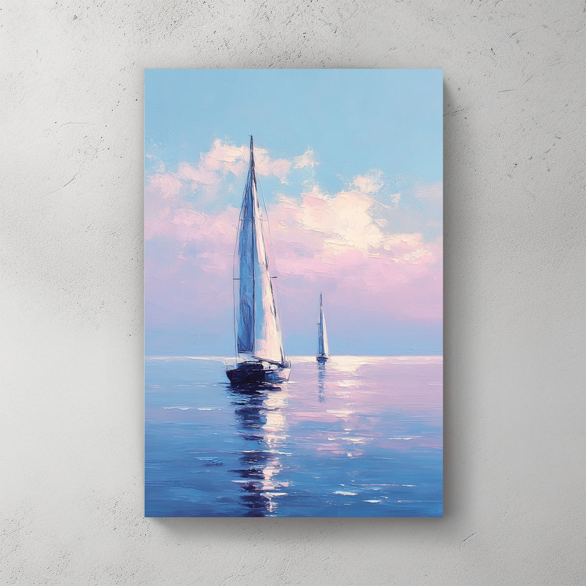 Pink sailboat on blue water watercolour illustration soft pastel maritime wall art print