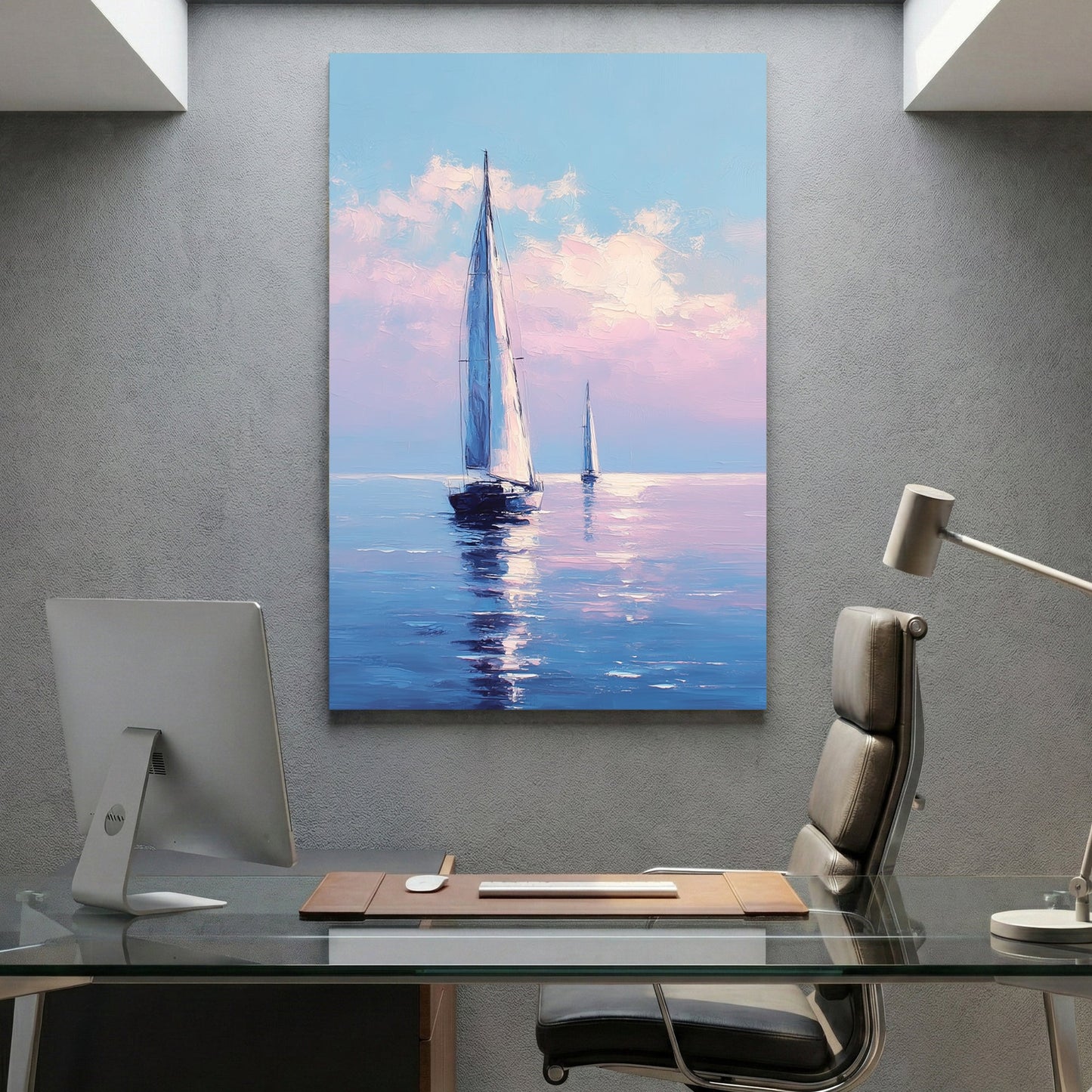 Pink sailboat on blue water watercolour illustration soft pastel maritime wall art print