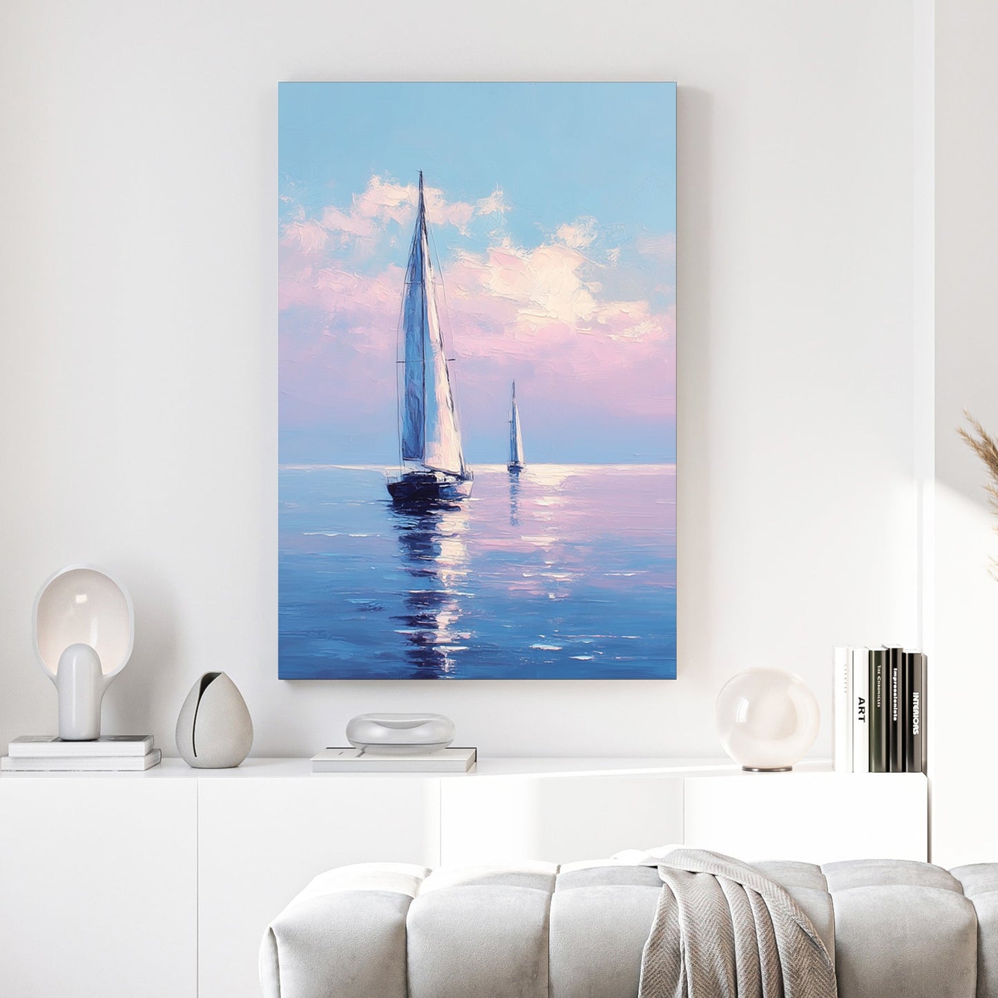 Pink sailboat on blue water watercolour illustration soft pastel maritime wall art print