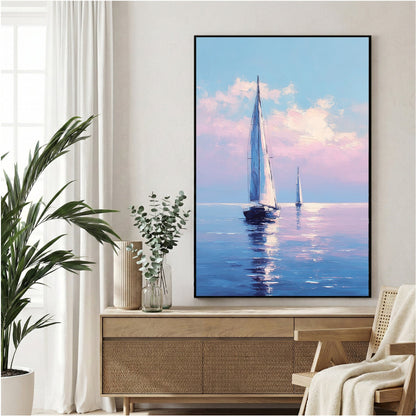 Pink sailboat on blue water watercolour illustration soft pastel maritime wall art print