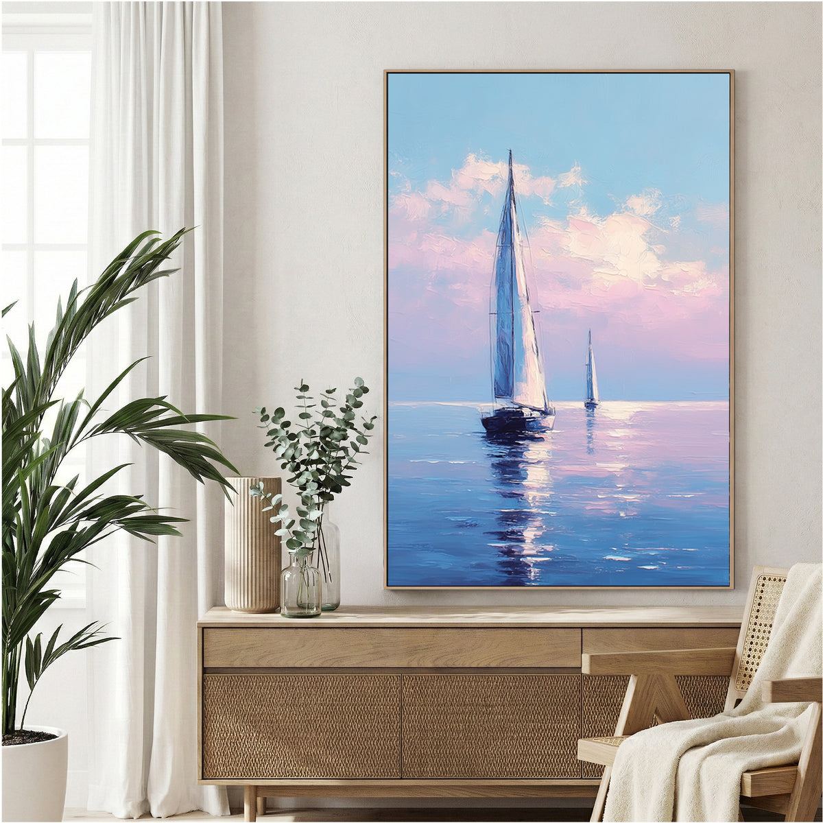 Pink sailboat on blue water watercolour illustration soft pastel maritime wall art print