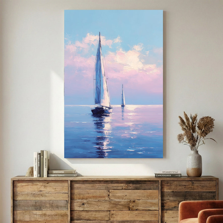 Pink sailboat on blue water watercolour illustration soft pastel maritime wall art print