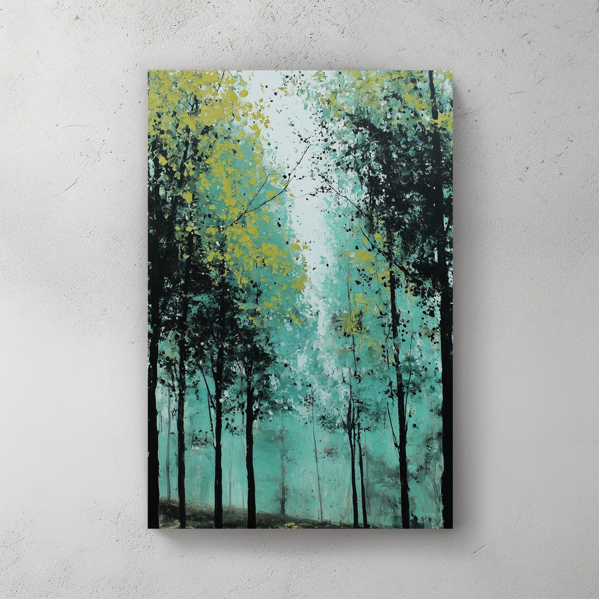 Forest path with tall trees in impressionist watercolour